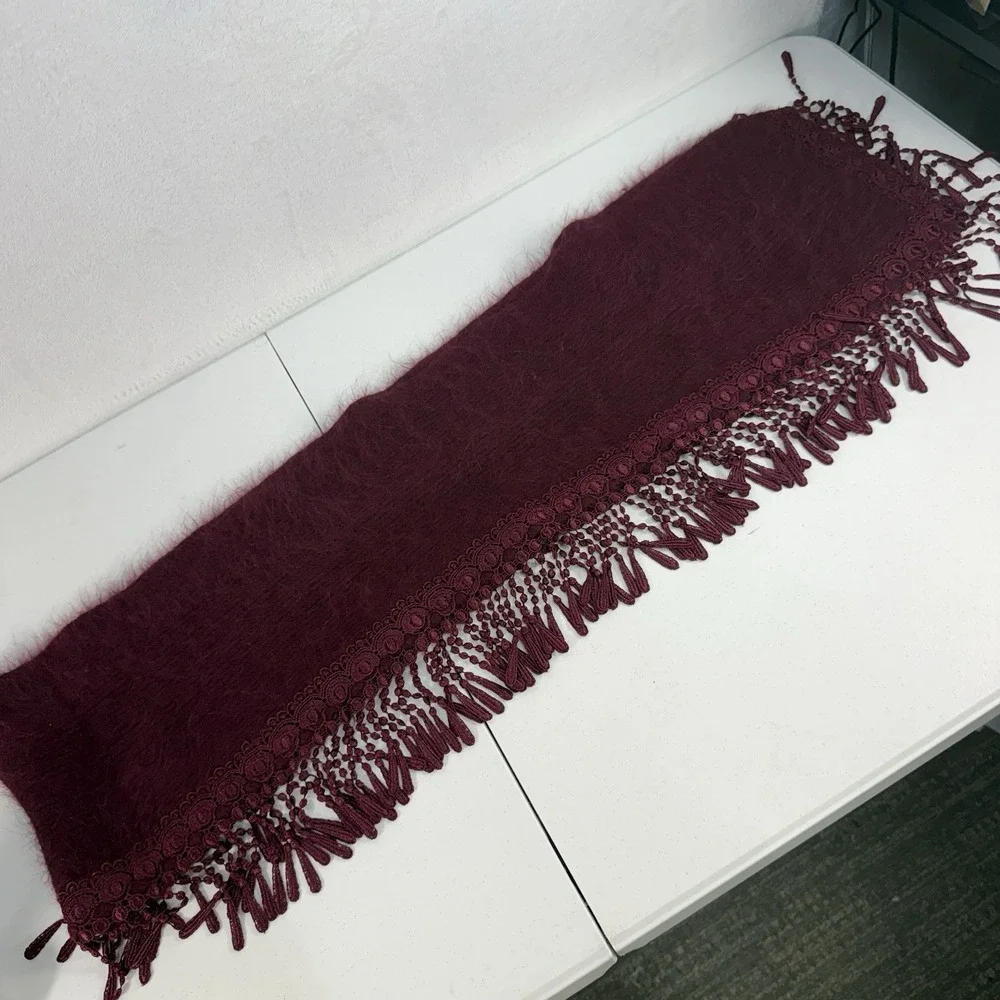 Vintage Venesha Angora Scarf Wrap Fringe Fuzzy Soft Burgundy Maroon Quiet Luxury